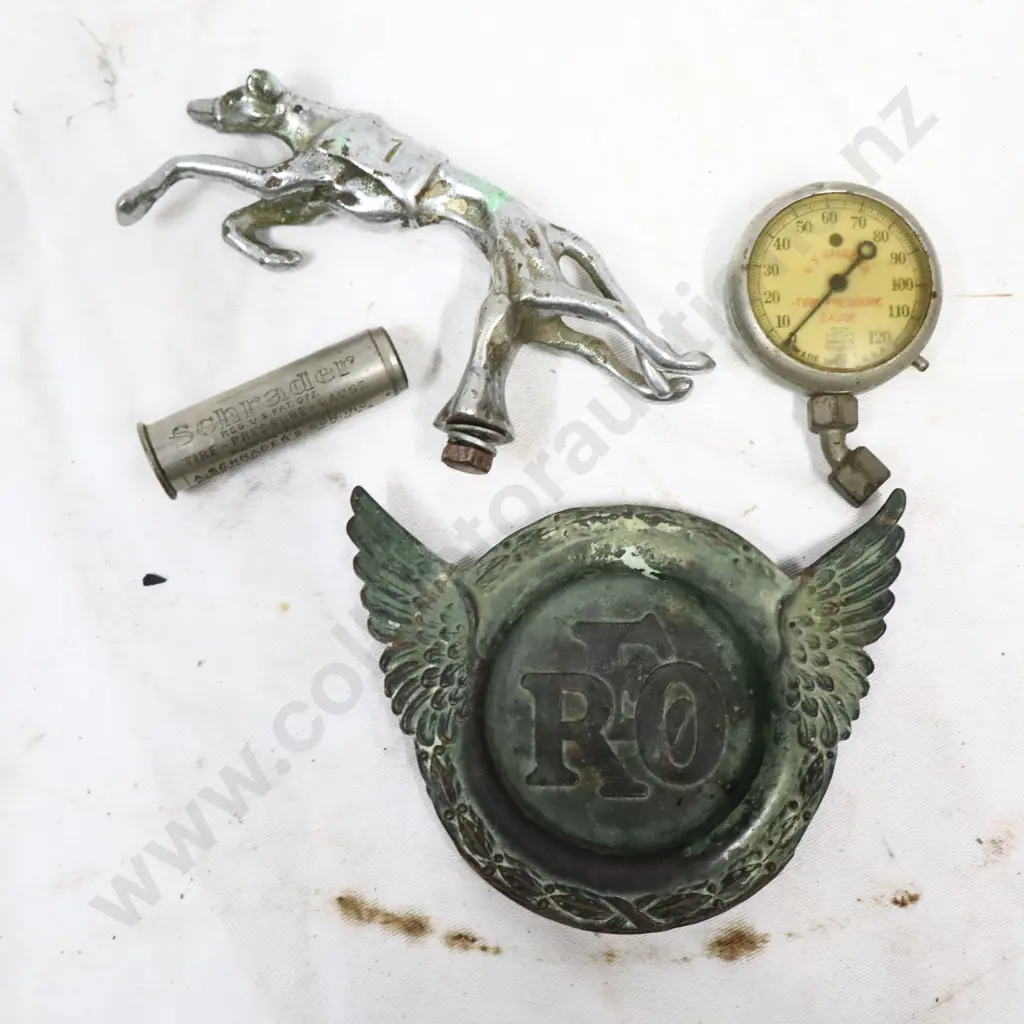 Reo Ashtray, Whippet Hood Ornament With No 1 On His Coat, Tyre Pressure Guage And Schrader Tyre Pressure Gauge. Image 1++