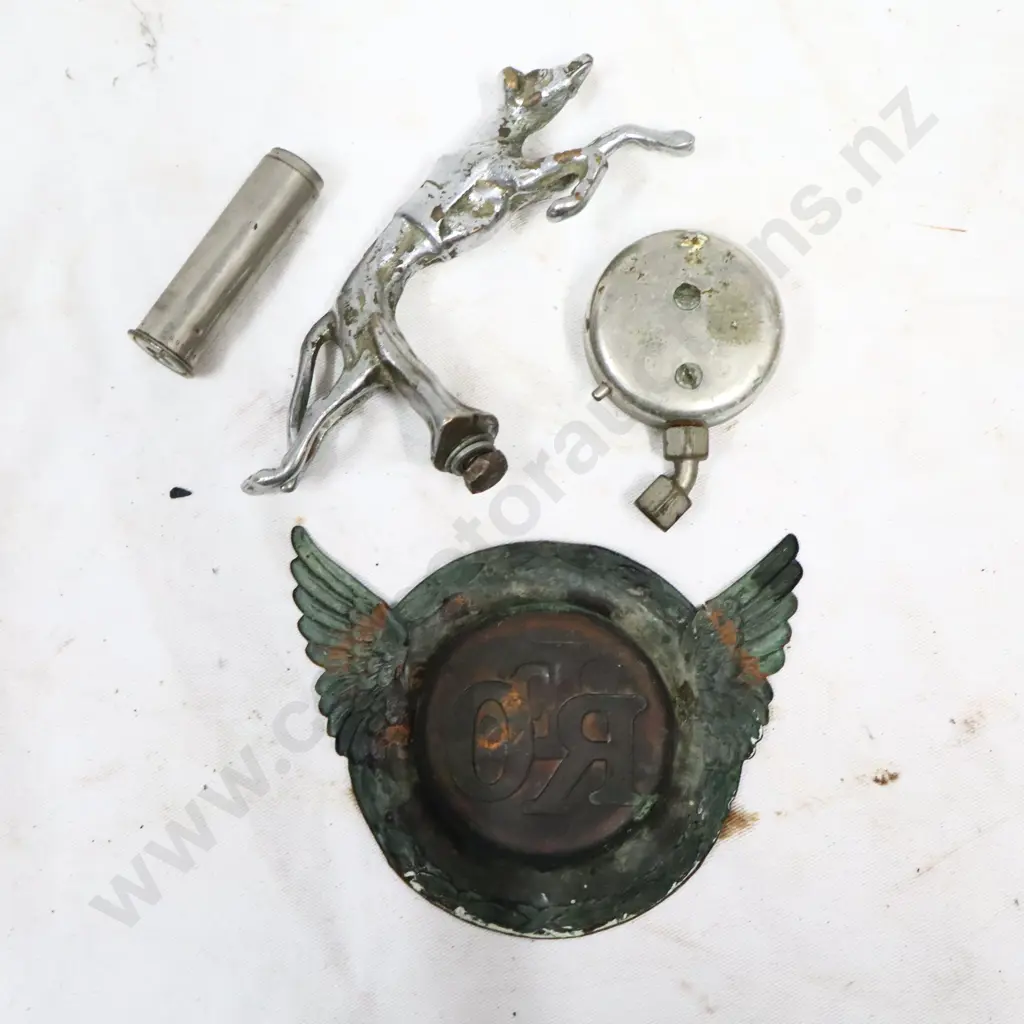 Reo Ashtray, Whippet Hood Ornament With No 1 On His Coat, Tyre Pressure Guage And Schrader Tyre Pressure Gauge. Image 1++