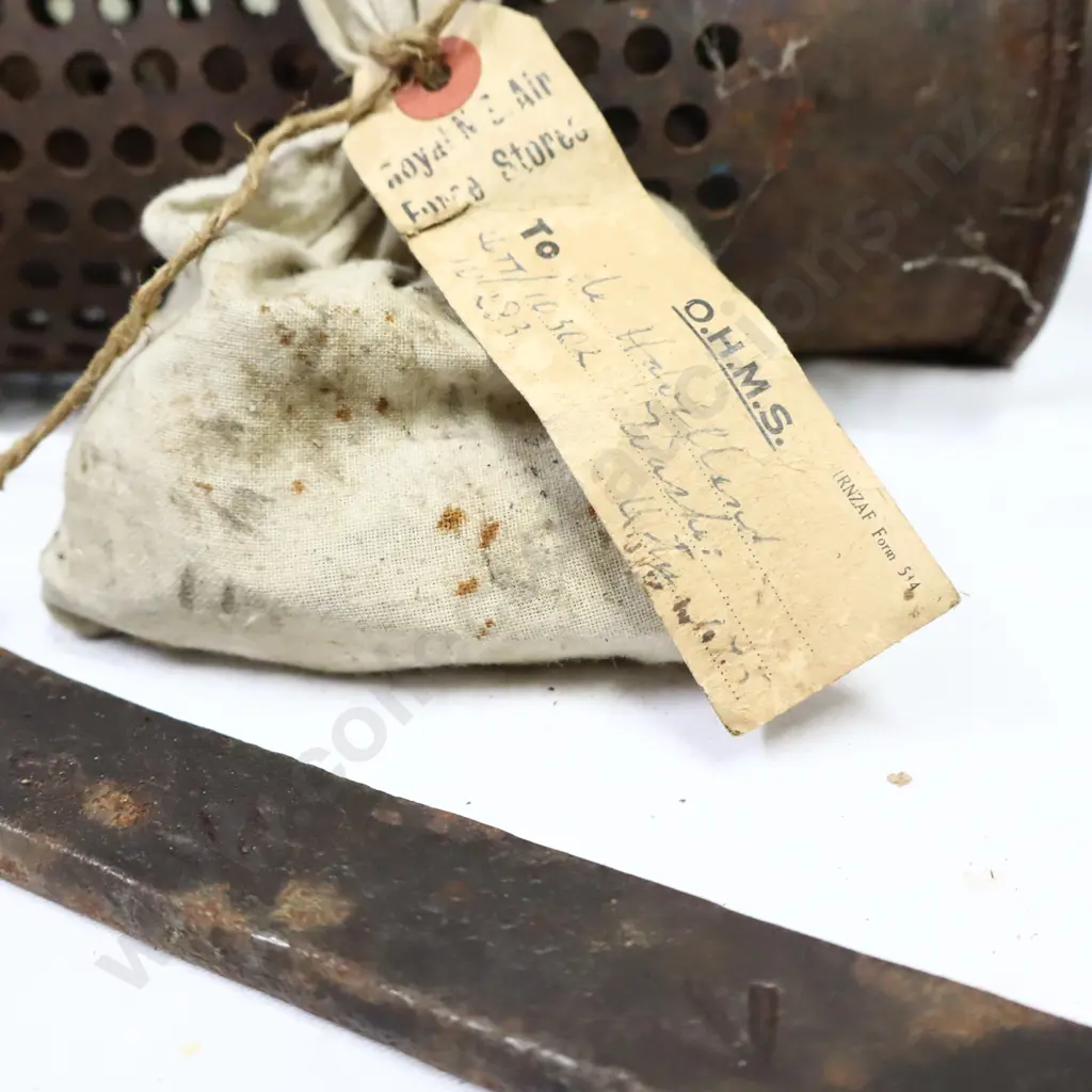 Great War Certificate, Gun Shell, Broad Arrow Sramped Tilley Lamp And Spanner, Royal NZ Air Force Stores Parcel. Image 1++
