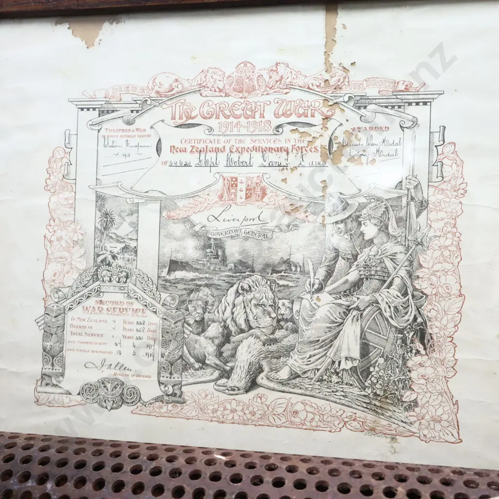 Great War Certificate, Gun Shell, Broad Arrow Sramped Tilley Lamp And Spanner, Royal NZ Air Force Stores Parcel. Image 1++