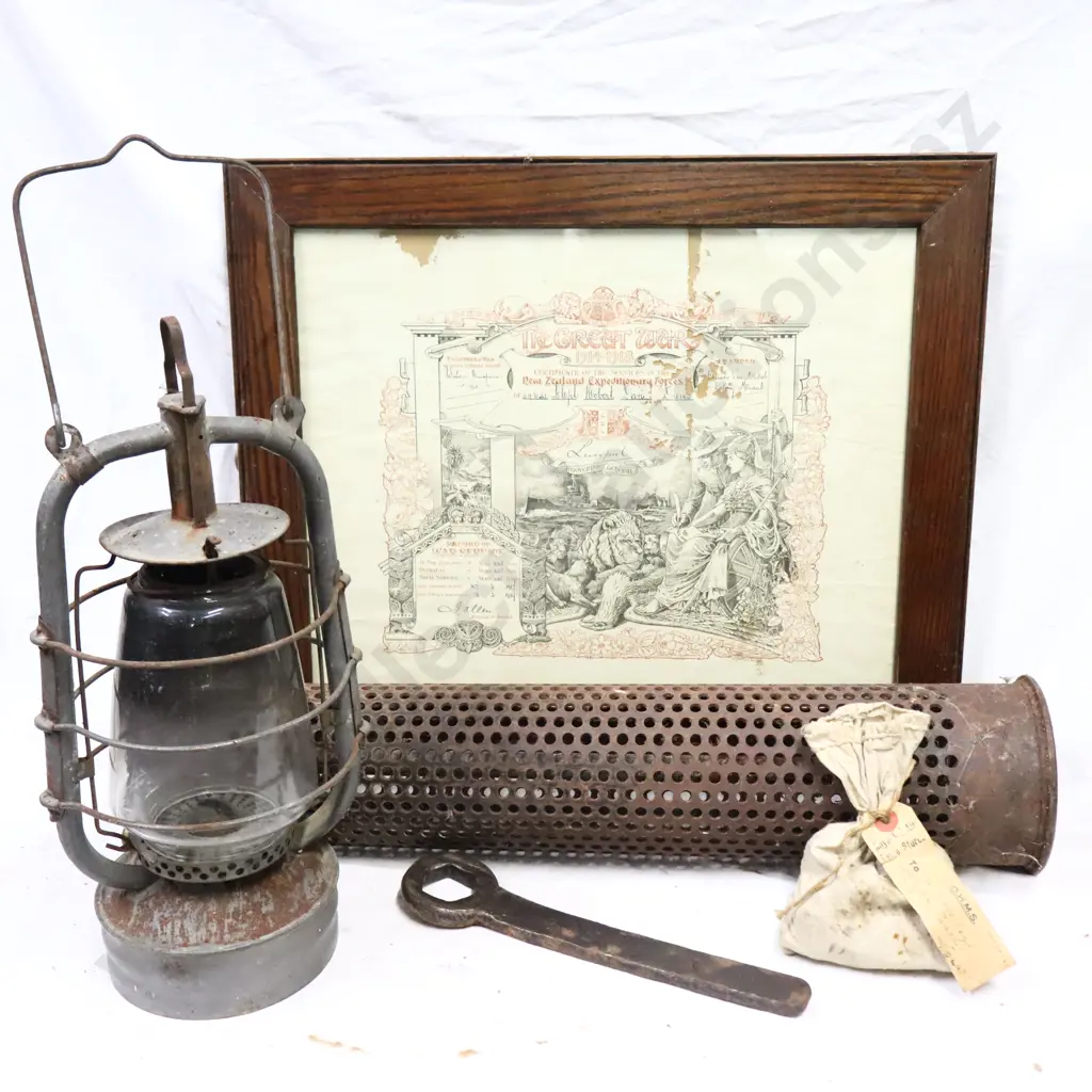 Great War Certificate, Gun Shell, Broad Arrow Sramped Tilley Lamp And Spanner, Royal NZ Air Force Stores Parcel. Image 1++