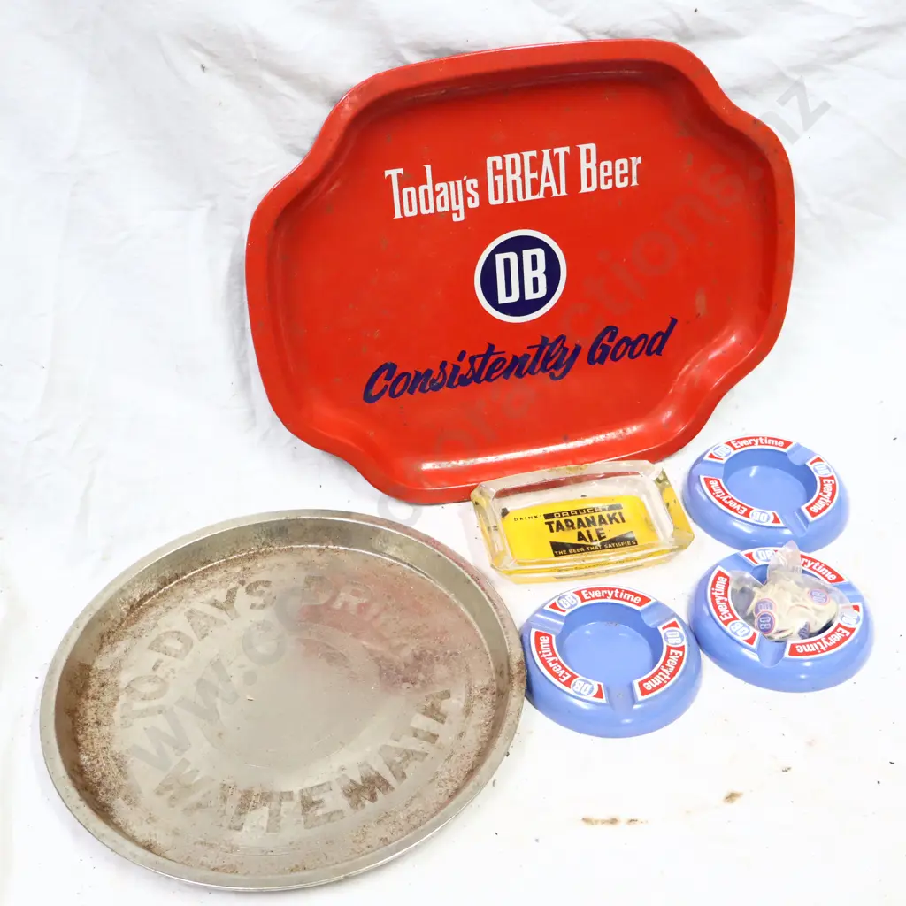 Waitemata Todays Drink Tray, DB Tray, DB Ashtrays x 3, DB Pins NOS, Taranaki Ale Ashtray. Image 1++