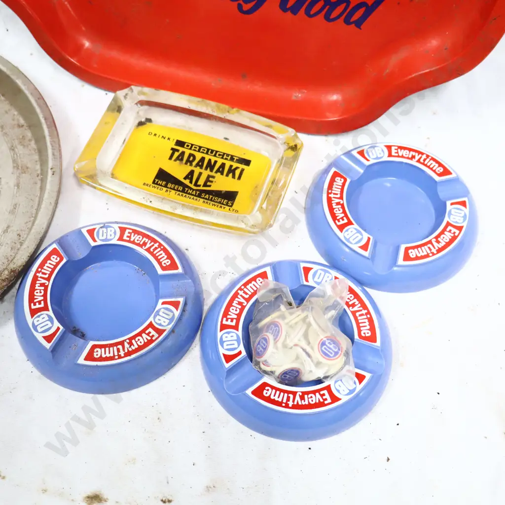 Waitemata Todays Drink Tray, DB Tray, DB Ashtrays x 3, DB Pins NOS, Taranaki Ale Ashtray. Image 1++