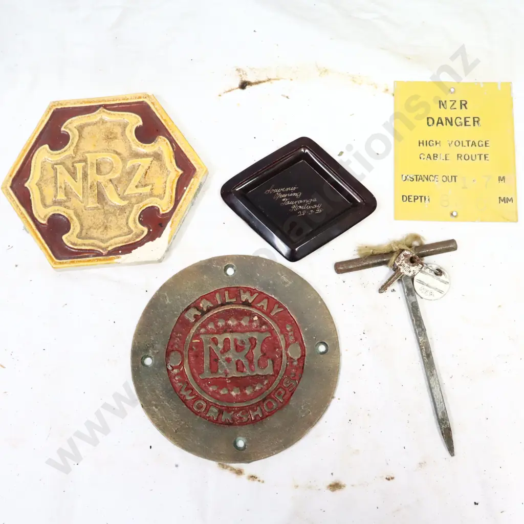 NZR Tile, NZR Carriage Plate, NZR Sign, NZR Key. C1928 Souvenir Opening The Tauranaga Railway. Image 1++