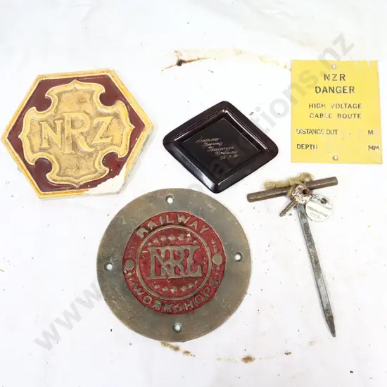 NZR Tile, NZR Carriage Plate, NZR Sign, NZR Key. C1928 Souvenir Opening The Tauranaga Railway.