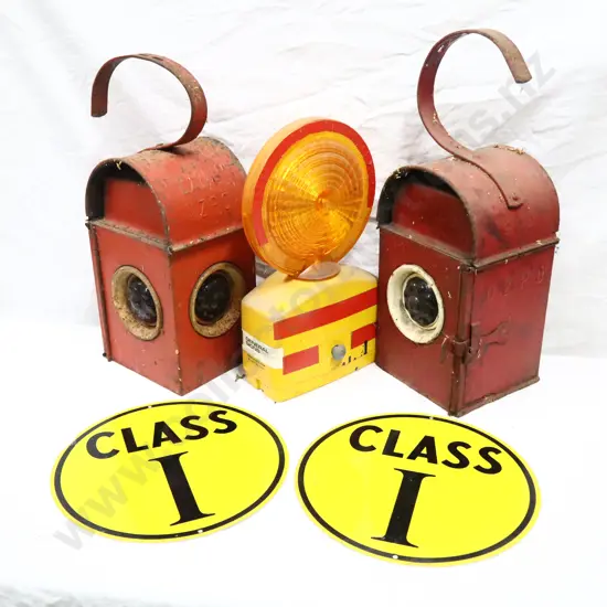 NZPO Lanterns Dated 1960 x 2, NOS Class 1 Signs x 2 And A Road Workers Light