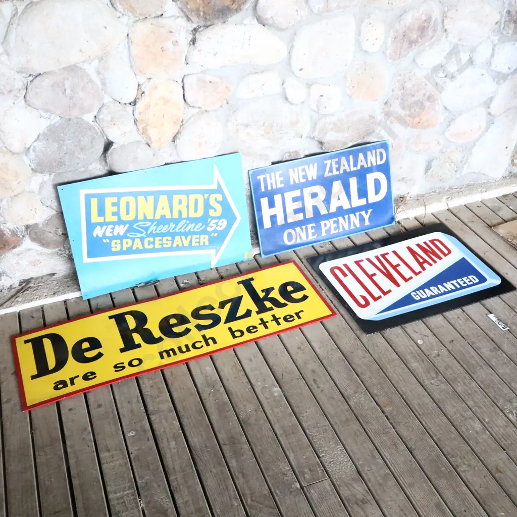 4 x Handpainted Signs by Ray Bovey.Leonards, NZ Herald, De Reszke Cleveland Image 1++
