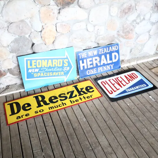 4 x Handpainted Signs by Ray Bovey.Leonards, NZ Herald, De Reszke Cleveland