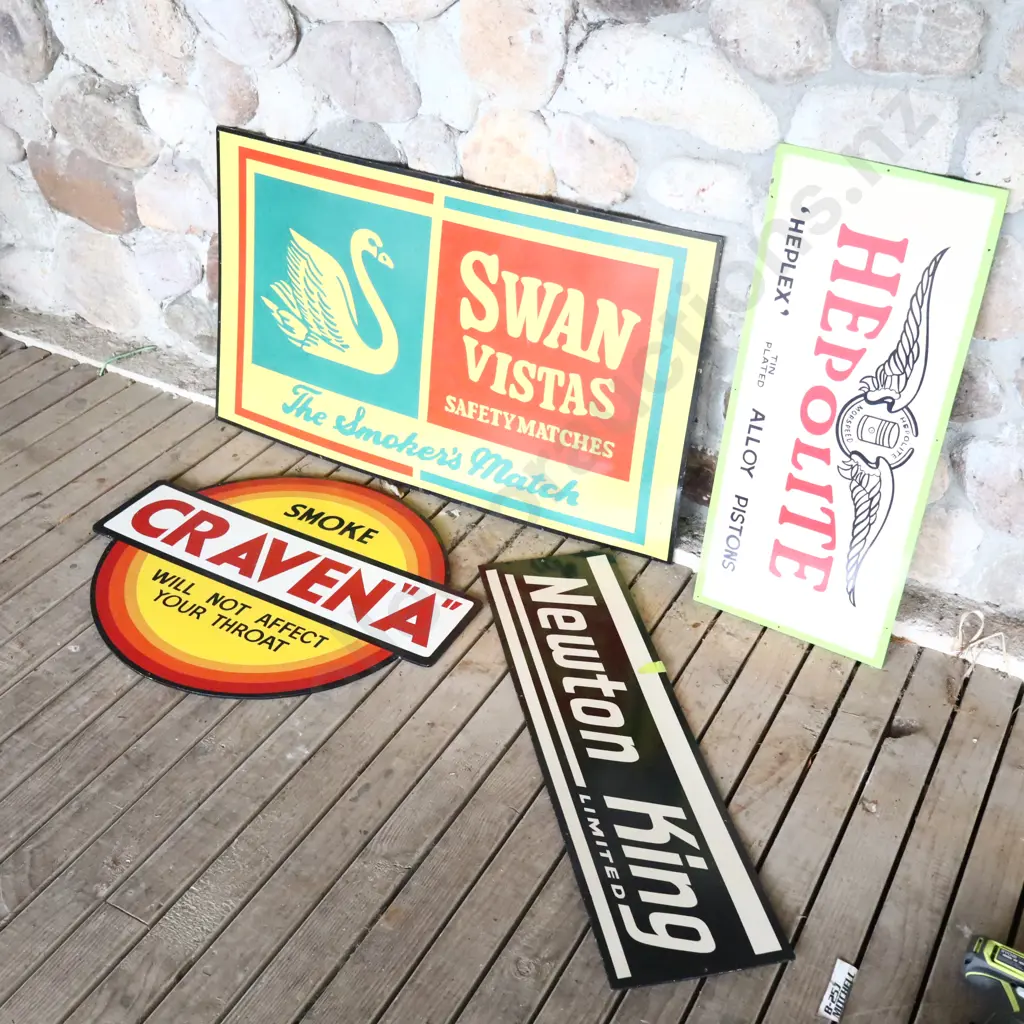4 x Handpainted Signs by Ray Bovey. Swan Vestas, Hepolite, Craven A, Newton King Image 1++
