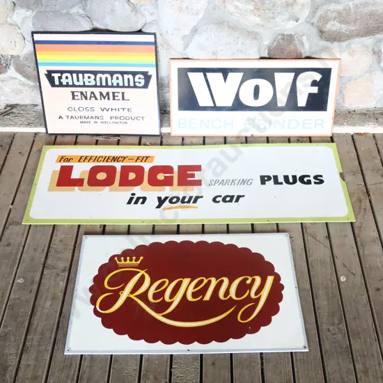 4 x Handpainted Signs by Ray Bovey. Taubmans, Wolf, Lodge Spark Plugs, Regancy