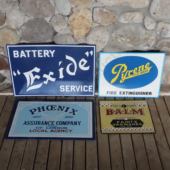 4 x Handpainted Signs by Ray Bovey. Exide, Pyrene, Phoenix, Balm.
