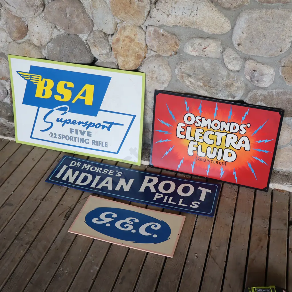 4 x Handpainted Signs by Ray Bovey. BSA, Osmonds, Dr Morse's, GEC Image 1++